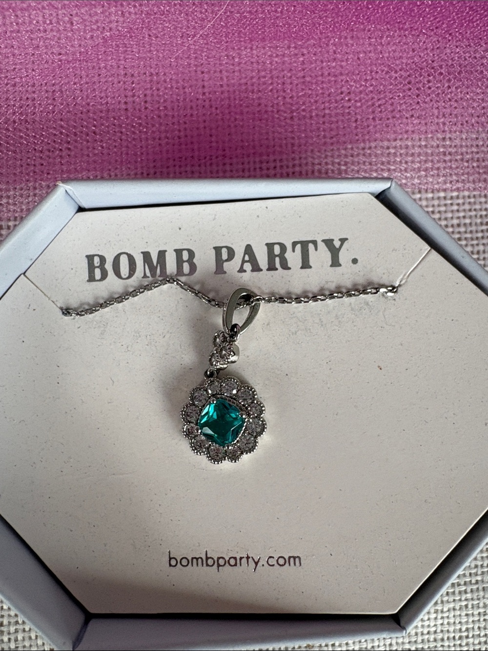 Bomb Party Silver Necklace with Teal Crystal Pendant